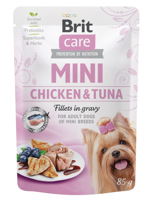 Brit Care Mini pouch Chicken & Tuna fillets in gravy einekotike koertele 85g